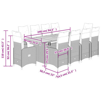 vidaXL Set de mesa y sillas de jardín 11 pzas y cojines ratán PE gris