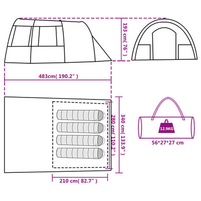 vidaXL Tienda de campaña túnel para 4 personas impermeable verde