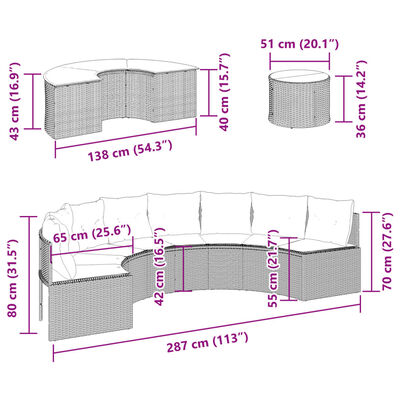 vidaXL Set de sofá de jardín semicircular 3 pzas ratán sintético negro