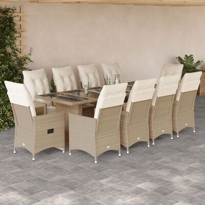 vidaXL Set de mesa y sillas de jardín 11 pzas y cojines ratán PE beige