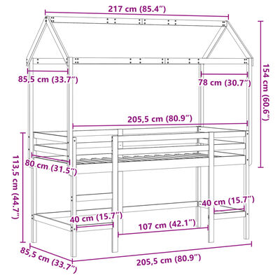 vidaXL Cama alta con escalera y techo madera maciza de pino 80x200 cm