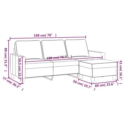 vidaXL Sofá de 3 plazas con taburete de tela negro 180 cm