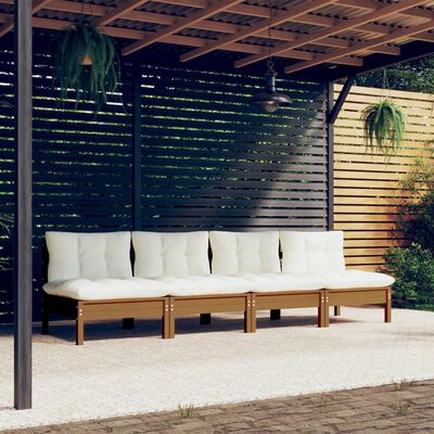 vidaXL Sofá de jardín de 4 plazas con cojines madera maciza pino crema