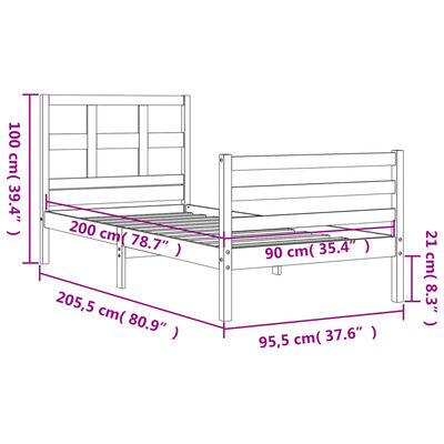 vidaXL Estructura de cama con cabecero madera maciza 90x200 cm