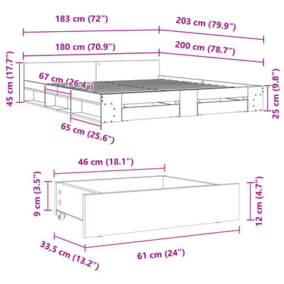 vidaXL Cama con cajones madera ingeniería roble Sonoma 180x200 cm