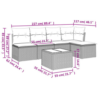 vidaXL Set de muebles de jardín 6 pzas y cojines ratán sintético gris