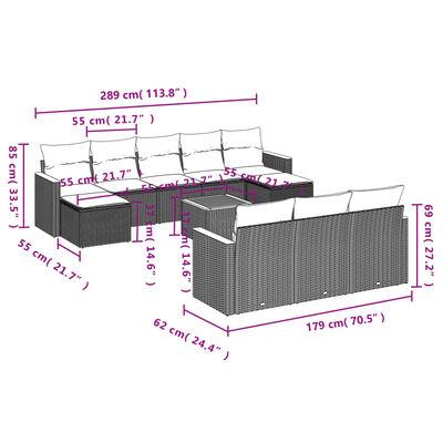 vidaXL Set de sofás de jardín 11 pzas y cojines ratán sintético negro