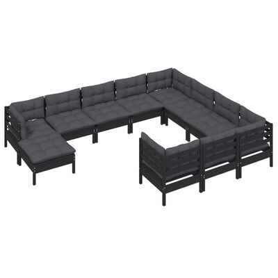 vidaXL Muebles de jardín 11 pzas y cojines negro madera de pino