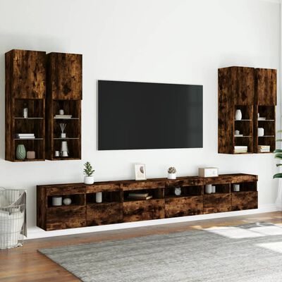 vidaXL Muebles de TV de pared con luces LED 7 piezas roble ahumado