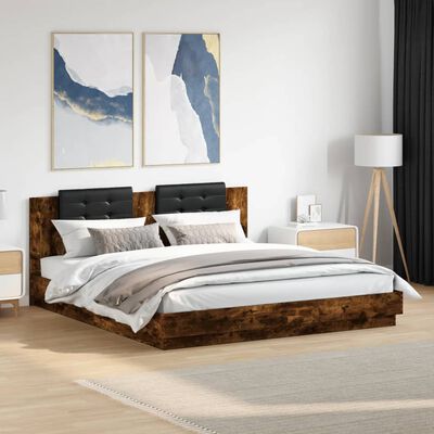 vidaXL Cama con cabecero madera de ingeniería roble ahumado 200x200 cm