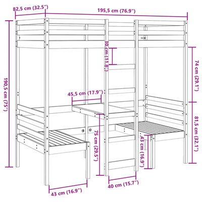 vidaXL Cama alta escritorio y asientos madera maciza blanco 75x190 cm