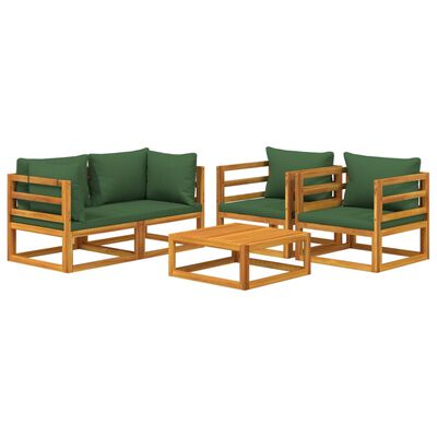 vidaXL Juego muebles de jardín 5 piezas madera maciza y cojines verdes