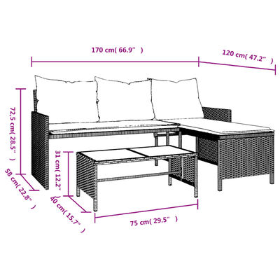 vidaXL Sofá de jardín en forma de L con mesa y cojines ratán PE beige