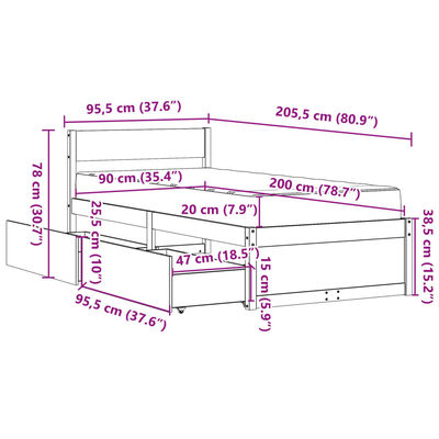 vidaXL Cama con cajones y colchón madera maciza de pino 90x200 cm