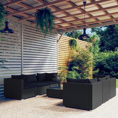 vidaXL Set de muebles de jardín y cojines 7 pzas ratán sintético negro