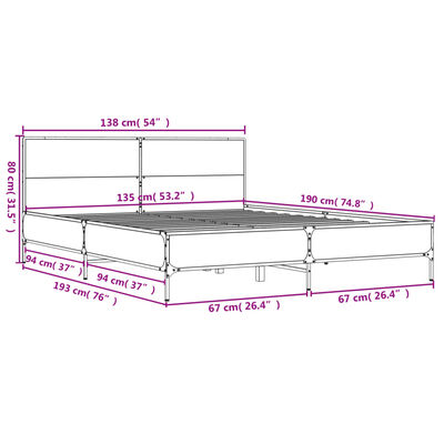 vidaXL Estructura cama madera ingeniería metal roble ahumado 135x190cm