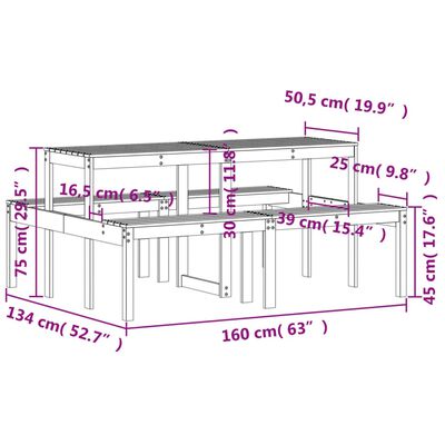 vidaXL Mesa de pícnic madera maciza de pino marrón cera 160x134x75 cm