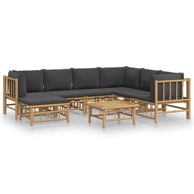 vidaXL Set de muebles de jardín 8 piezas bambú con cojines gris oscuro