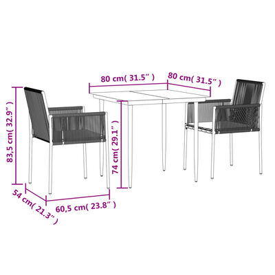 vidaXL Set comedor jardín 3 pzas y cojines acero ratán sintético negro