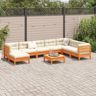 vidaXL Set de sofás jardín 9 pzas con cojines madera pino marrón cera