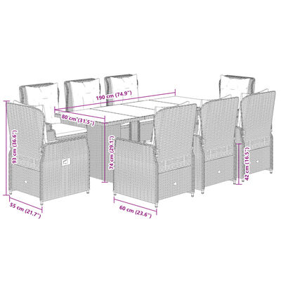 vidaXL Set de comedor de jardín 9 pzas y cojines ratán sintético negro