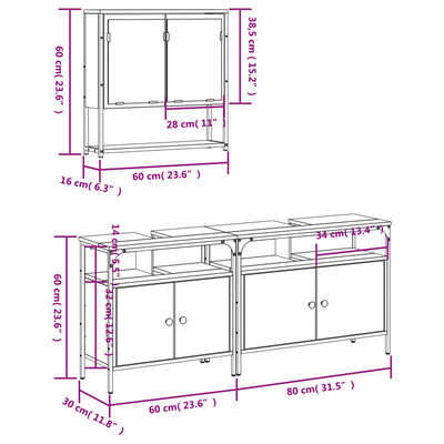 vidaXL Set de muebles baño 3 pzas madera contrachapada roble ahumado