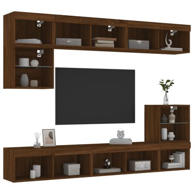 vidaXL Muebles TV pared con LED 8 pzas madera ingeniería marrón roble