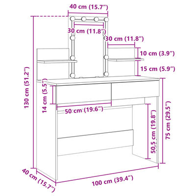 vidaXL Tocador con luces LED color roble ahumado 100x40x130 cm