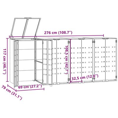 vidaXL Cobertizo de 4 contenedores de basura acero gris 276x79x117 cm