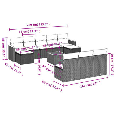 vidaXL Set de sofás de jardín 11 pzas y cojines ratán sintético negro