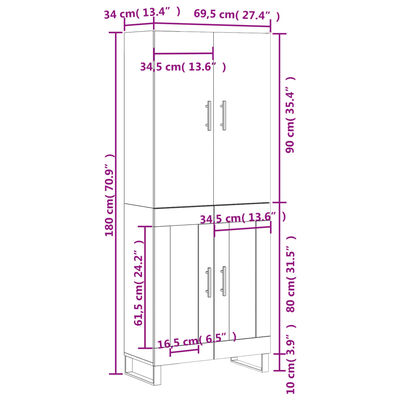 vidaXL Aparador alto madera contrachapada blanco 69,5x34x180 cm