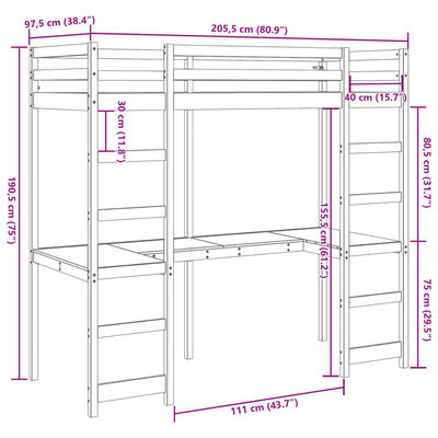 vidaXL Estructura de cama alta con escritorio madera de pino 90x200 cm