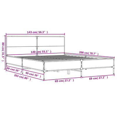 vidaXL Estructura cama madera ingeniería metal gris Sonoma 140x200 cm