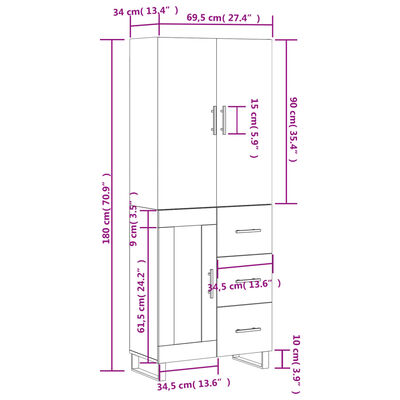 vidaXL Aparador alto madera contrachapada blanco 69,5x34x180 cm