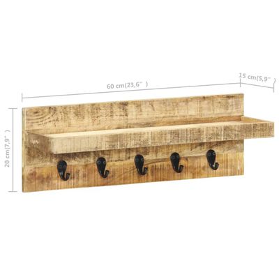 vidaXL Perchero de pared madera maciza de mango sin tratar 60x15x20 cm