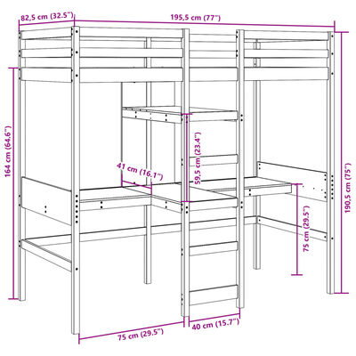 vidaXL Cama alta sin colchón madera maciza de pino 75x190 cm