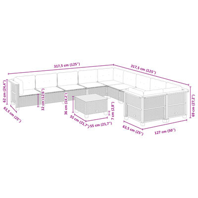 vidaXL Set de sofás de jardín 11 pzas y cojines ratán sintético gris