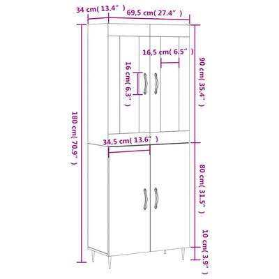 vidaXL Aparador alto madera contrachapada gris sonoma 69,5x34x180 cm