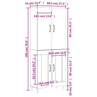 vidaXL Aparador alto madera contrachapada marrón roble 69,5x34x180 cm