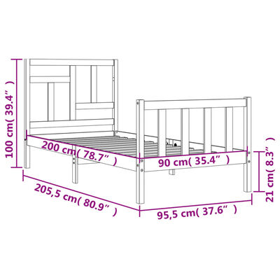 vidaXL Estructura de cama con cabecero madera maciza 90x200 cm