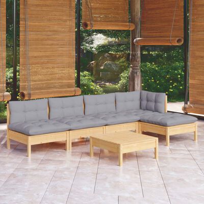 vidaXL Juego de muebles de jardín 6 pzas y cojines madera pino gris