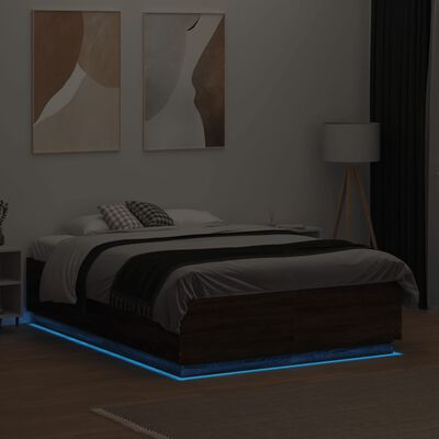 vidaXL Estructura cama con luces LED madera roble marrón 135x190 cm