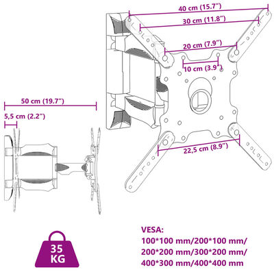 vidaXL Soporte pared TV pantalla 32''-55'' Max VESA 400x400 mm 35 kg