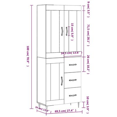 vidaXL Aparador alto madera contrachapada gris hormigón 69,5x34x180 cm