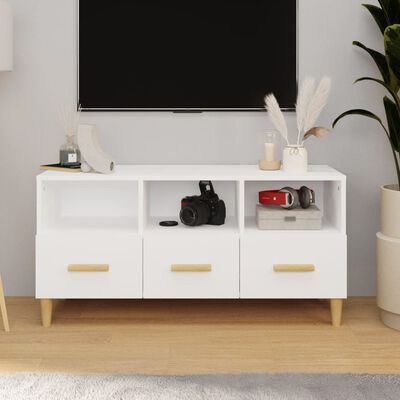 vidaXL Mueble de TV madera contrachapada blanco brillo 102x36x50 cm