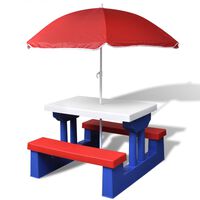 vidaXL Mesa de picnic y bancos para niños y sombrilla multicolor