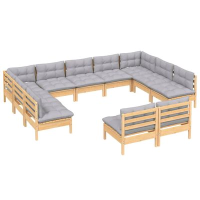 vidaXL Muebles de jardín 11 pzas y cojines madera maciza de pino gris