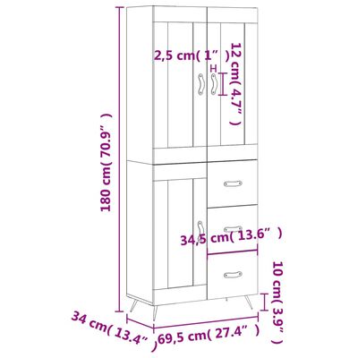 vidaXL Aparador alto madera contrachapada blanco brillo 69,5x34x180 cm