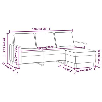 vidaXL Sofá de 3 plazas con taburete de terciopelo gris claro 180 cm