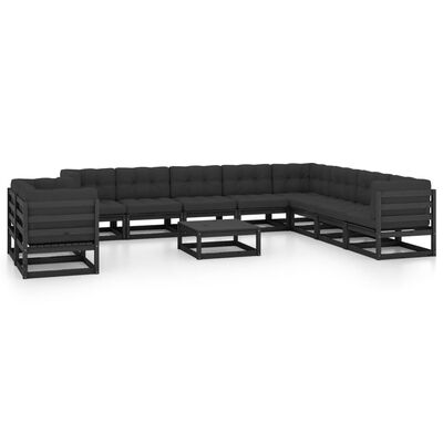 vidaXL Set de muebles de jardín 11 pzas con cojines madera pino negro